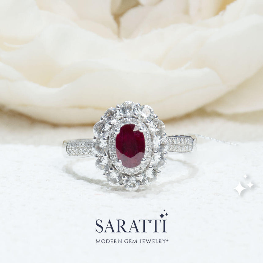 Luxe Ruby and Diamond Cocktail Ring with Detailed Band | Saratti