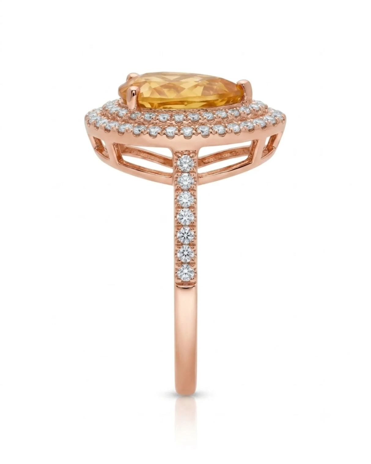 Vintage-inspired citrine ring featuring layered round diamonds and a sculpted 18K rose gold gallery | SARATTI