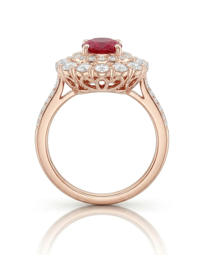Vintage-inspired ruby diamond ring with radiant halo design in 18K Rose Gold | SARATTI