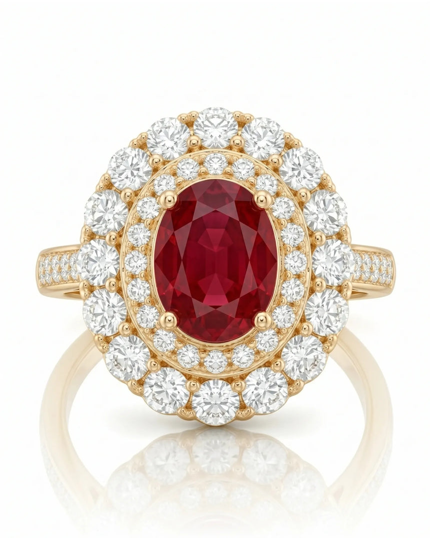 Vintage-inspired ruby diamond ring with radiant halo design in 18K Yellow Gold | SARATTI
