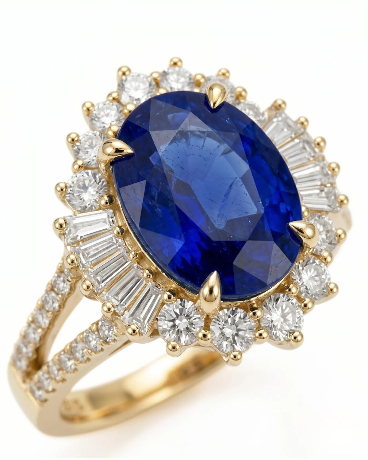 Vintage-inspired sapphire ring with tapered baguette diamonds and warm yellow gold setting | SARATTI