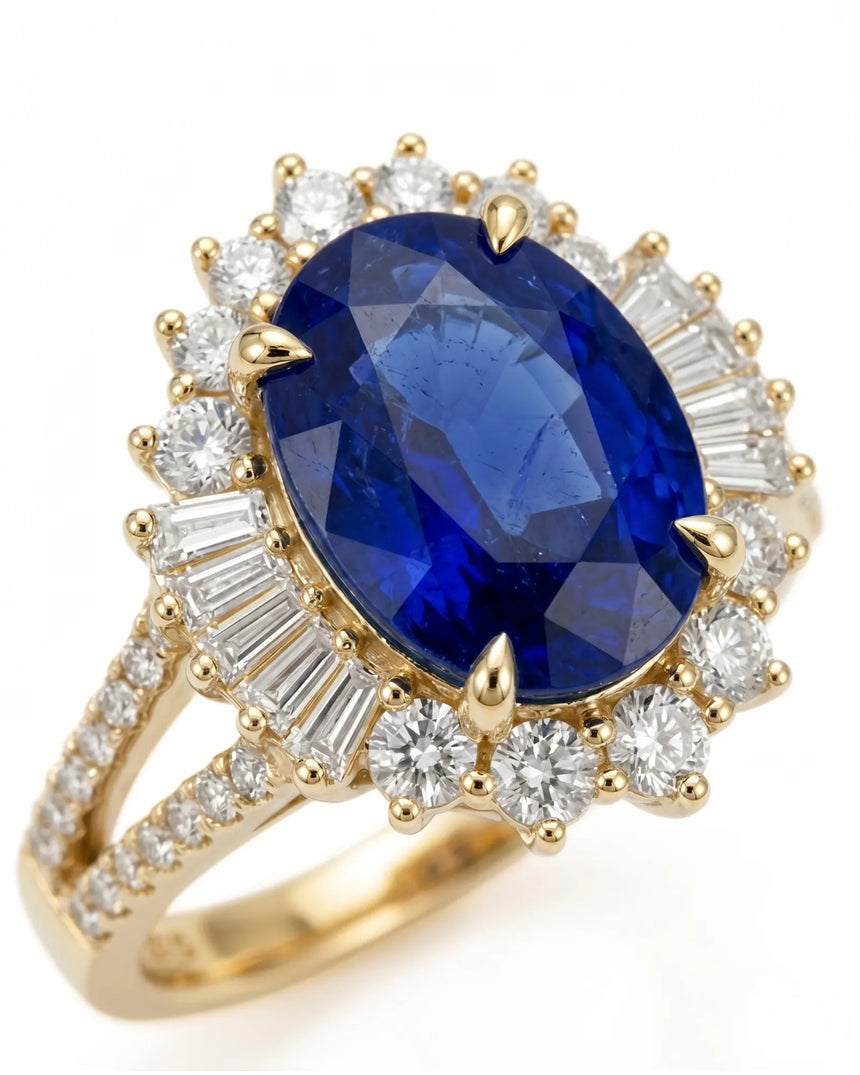 Vintage-inspired sapphire ring with tapered baguette diamonds and warm yellow gold setting | SARATTI