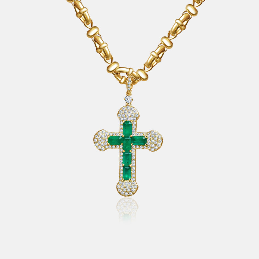 Natural Emerald and Diamonds Cross Necklace | Vintage Inspired Necklace - SARATTI