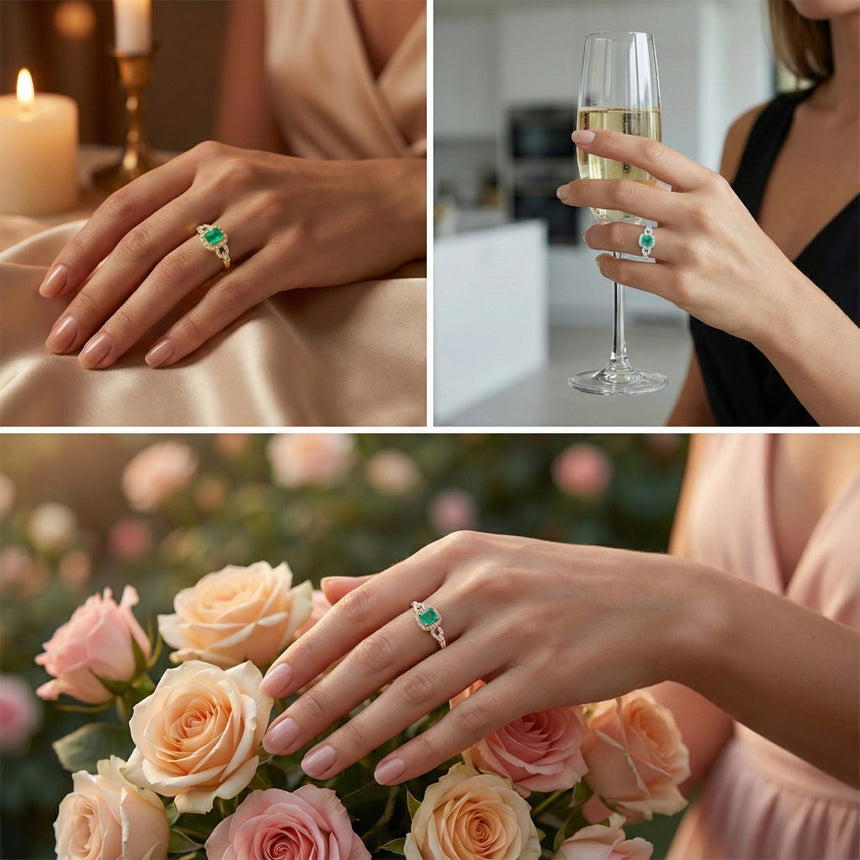 Vintage Natural Emerald and Diamonds Ring in 18K White Gold - SARATTI Jewelry on Model