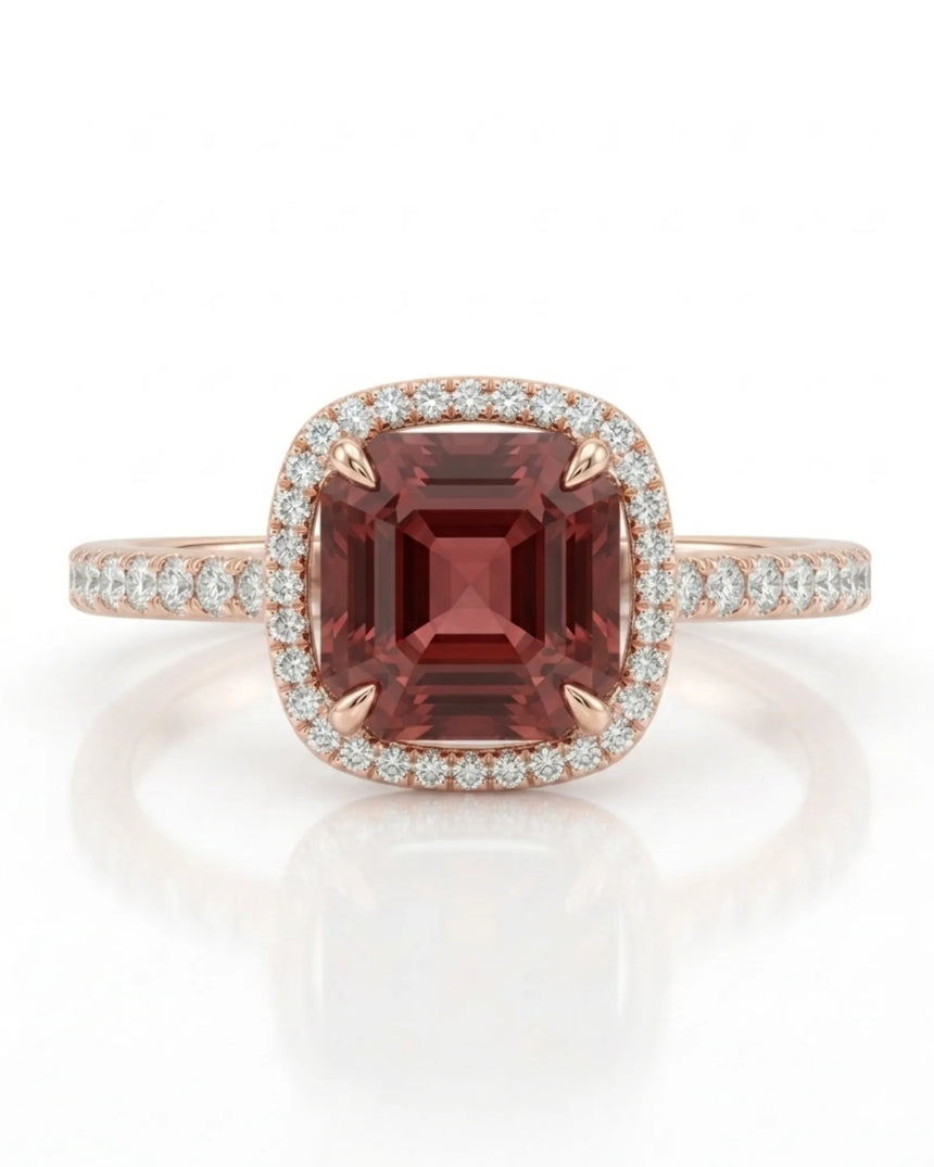 Vintage inspired Asscher cut tourmaline engagement ring in 18K rose gold | SARATTI
