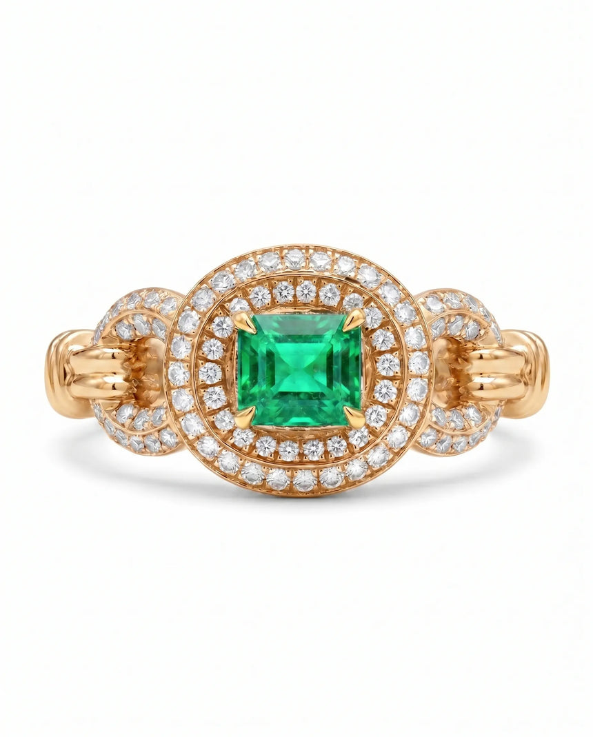 Vintage inspired natural emerald and diamond halo ring in 18K Rose Gold | SARATTI