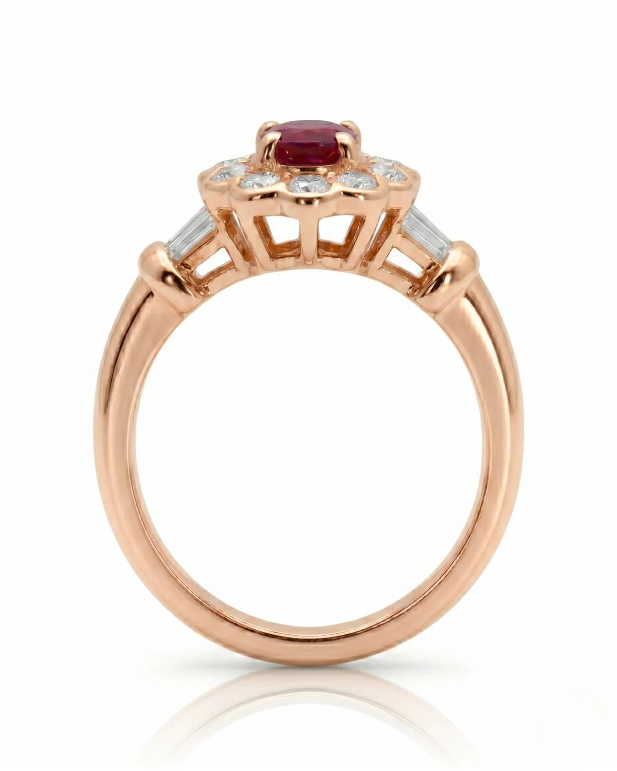 Vintage inspired ruby ring with round diamond halo in romantic rose gold | SARATTI