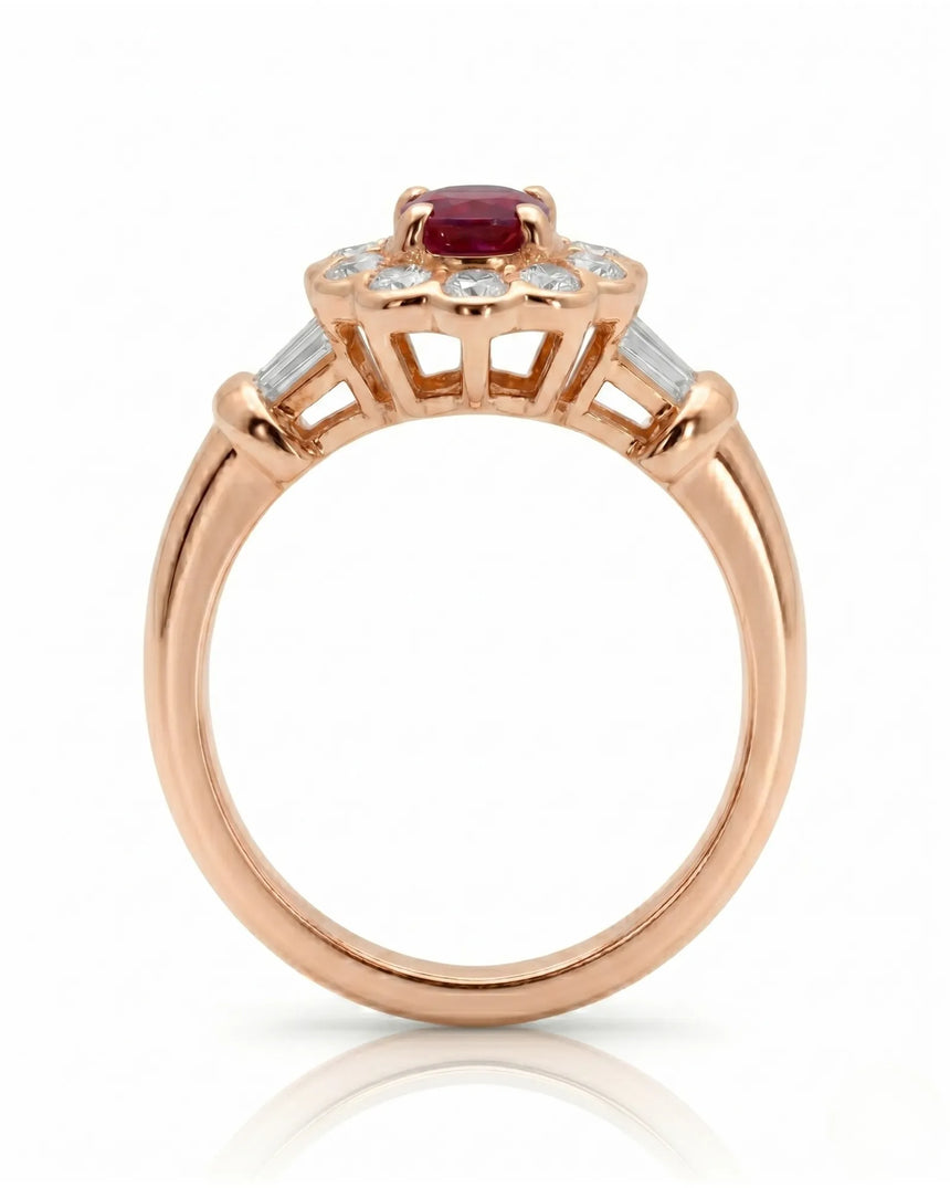 Vintage inspired ruby ring with round diamond halo in romantic rose gold | SARATTI