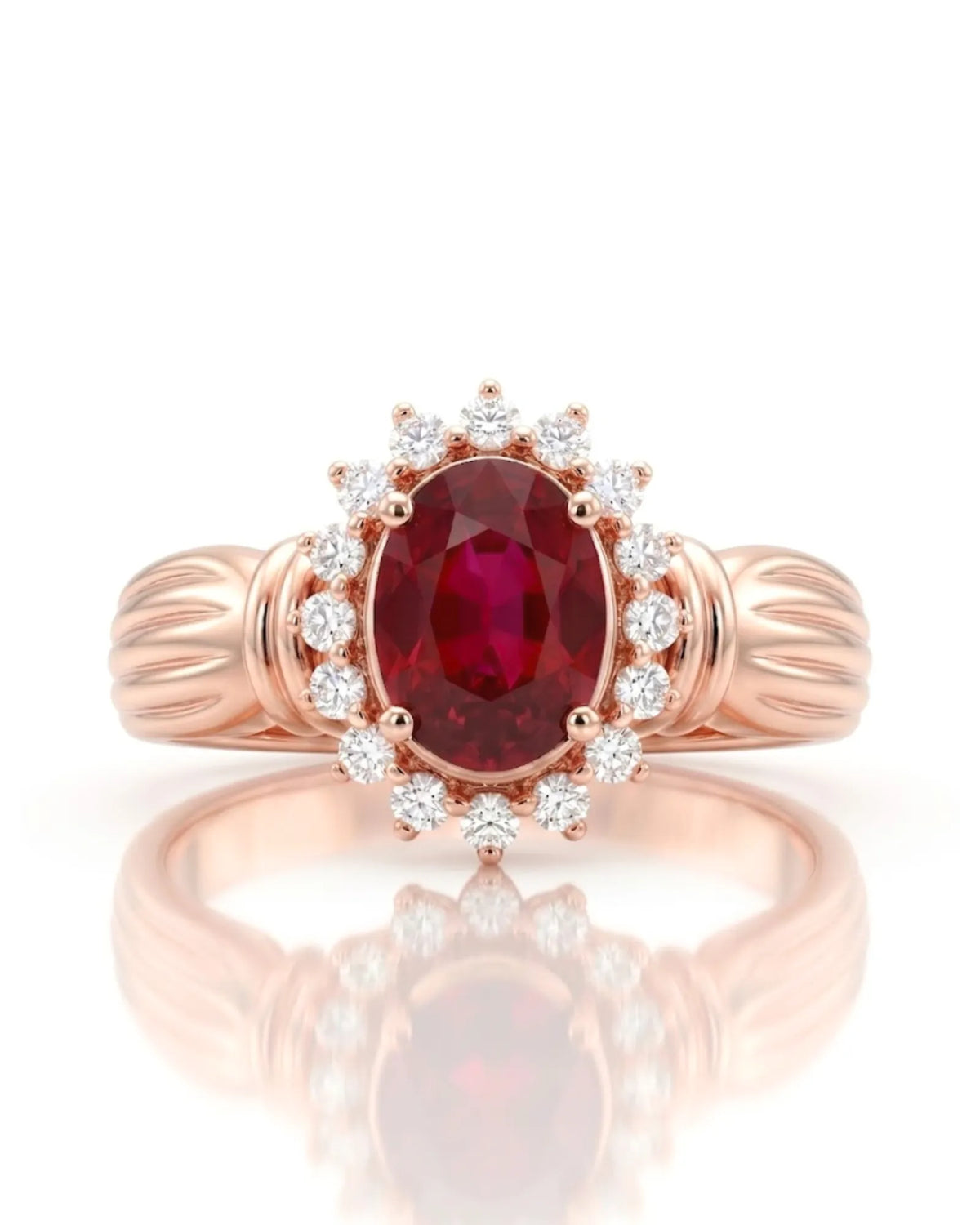 Vintage ruby diamond halo ring oval 1.2 carat natural ruby rose gold triple shoulder band luxury ruby ring | SARATTI