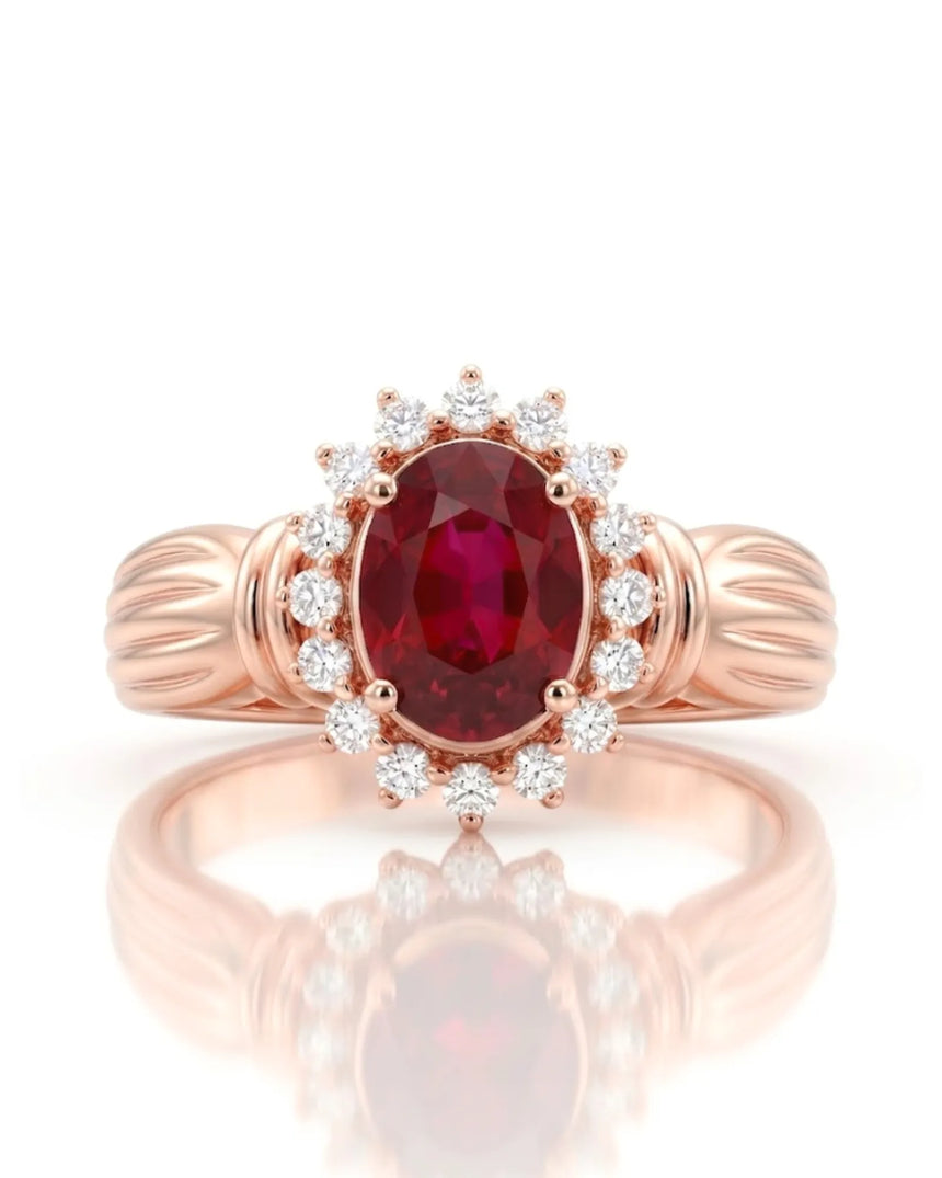 Vintage ruby diamond halo ring oval 1.2 carat natural ruby rose gold triple shoulder band luxury ruby ring | SARATTI