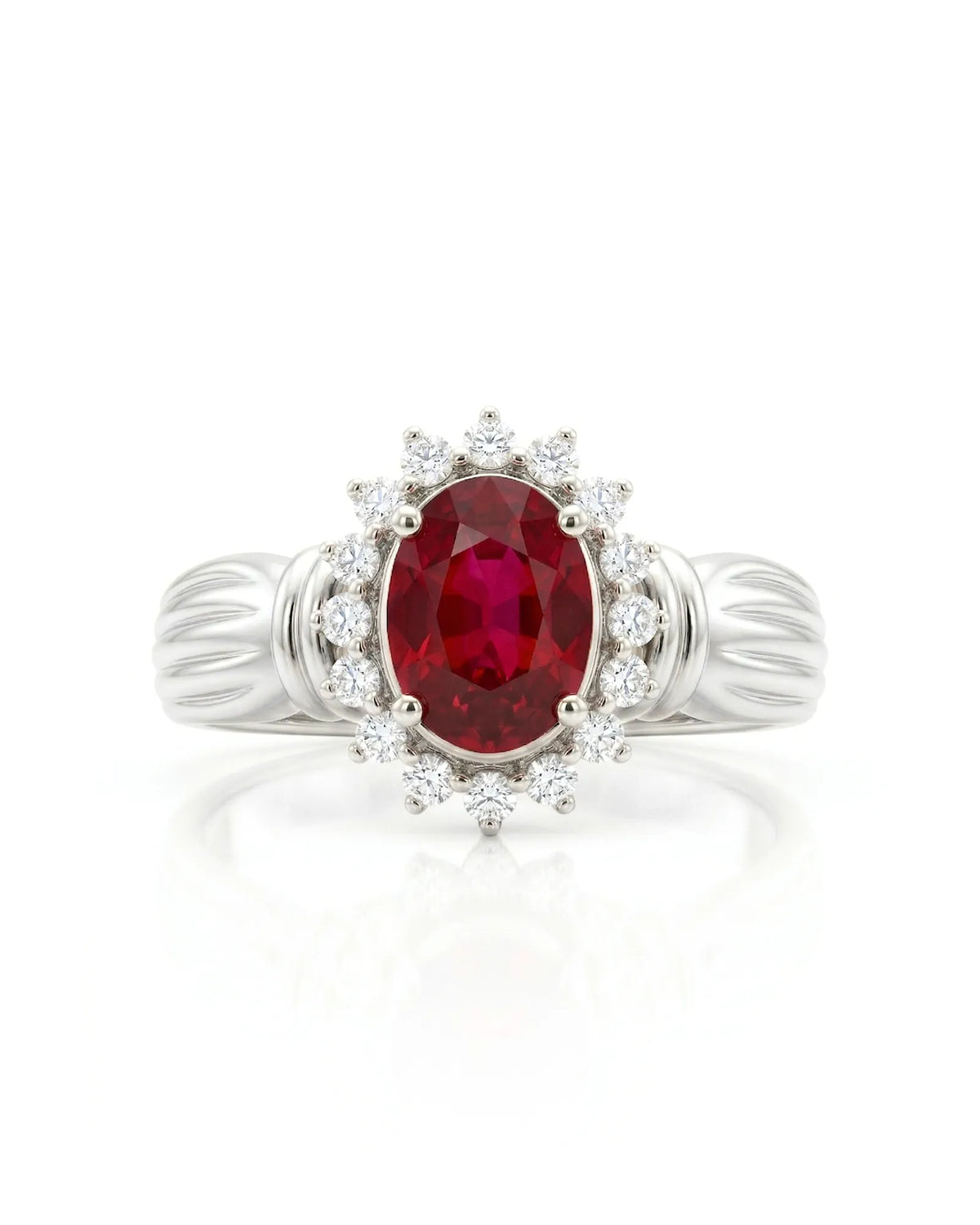Vintage ruby diamond halo ring oval 1.2 carat natural ruby white gold triple shoulder band luxury ruby ring | SARATTI