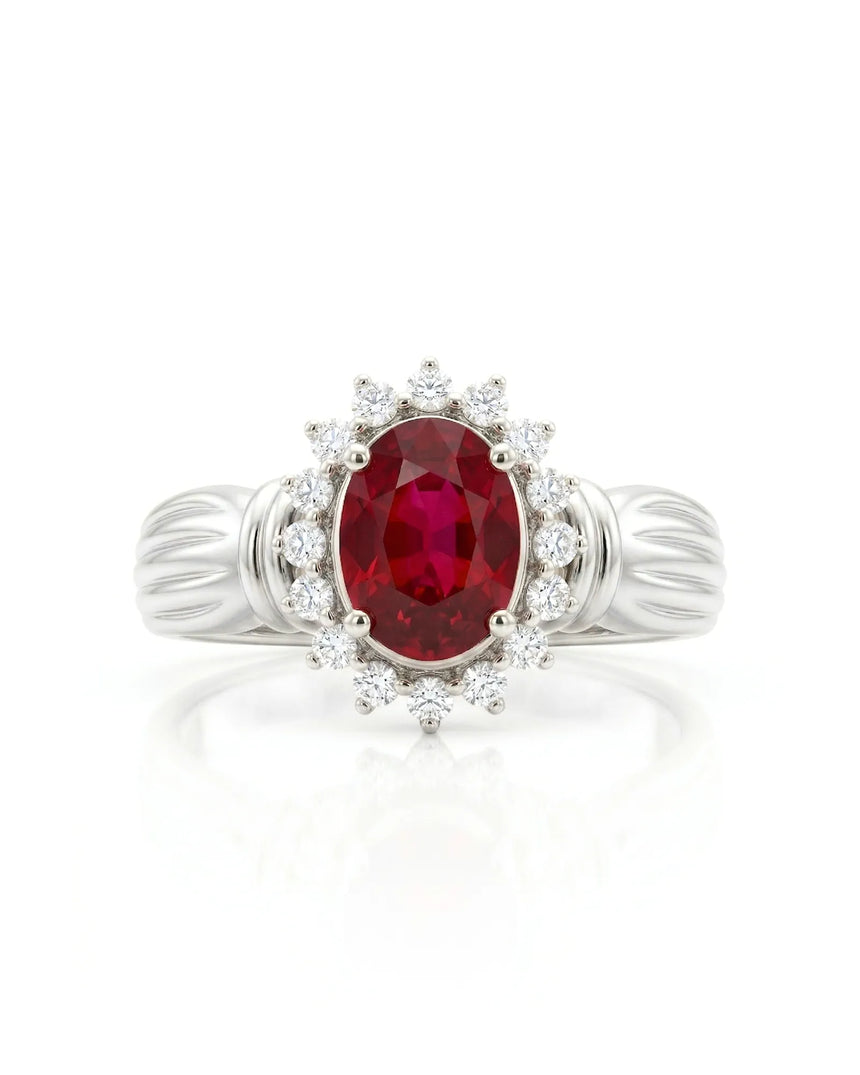 Vintage ruby diamond halo ring oval 1.2 carat natural ruby white gold triple shoulder band luxury ruby ring | SARATTI