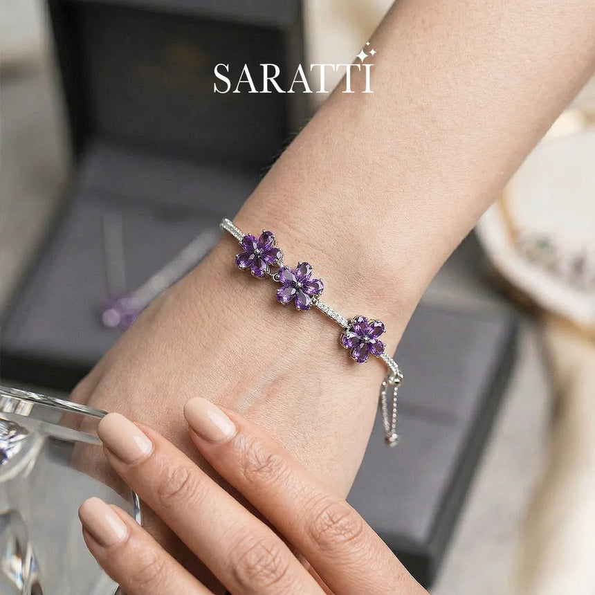 Violet Bloom floral amethyst bracelet in sterling silver | SARATTI