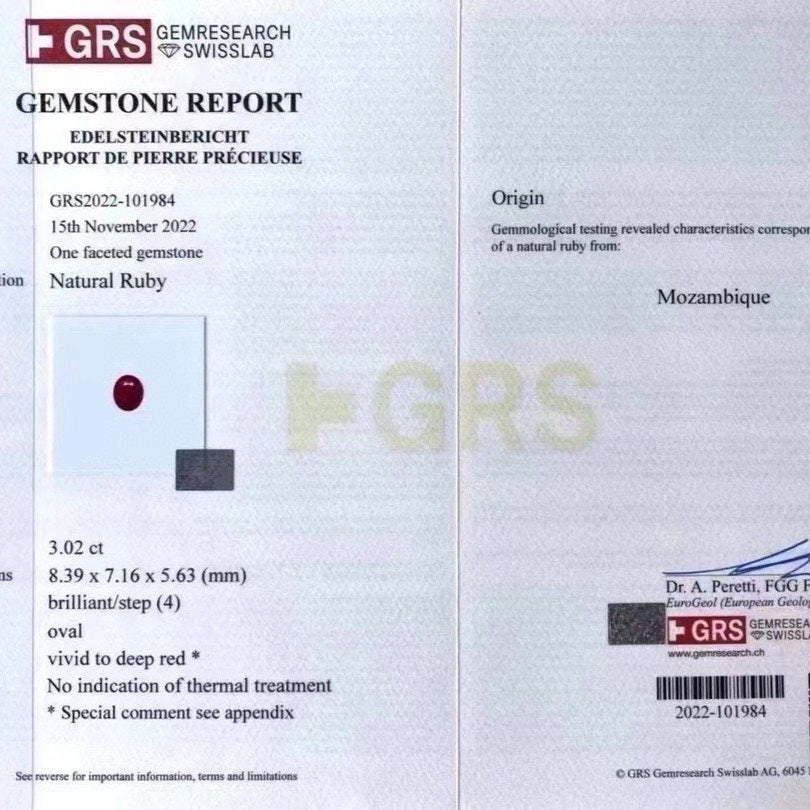 3.02cts Oval Cut Pigeon Blood Red Natural Ruby | Unheated | GRS Certified