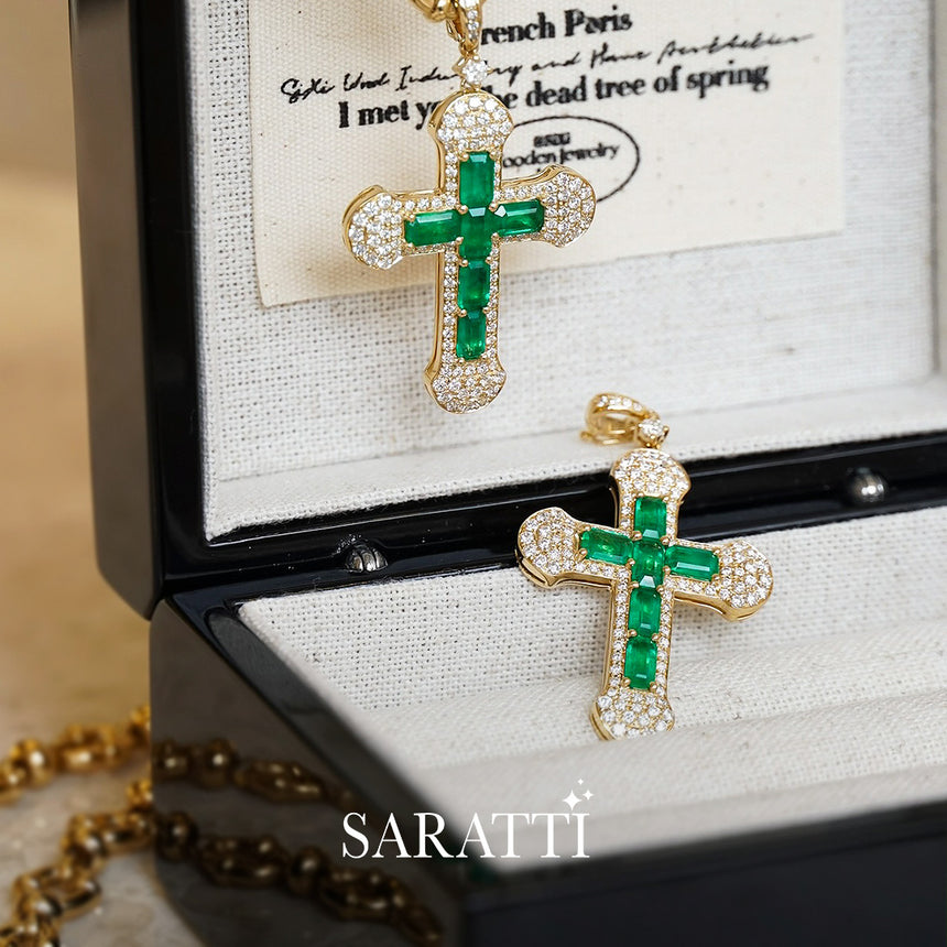 Vivid Green Natural Emerald and Diamonds Cross | SARATTI