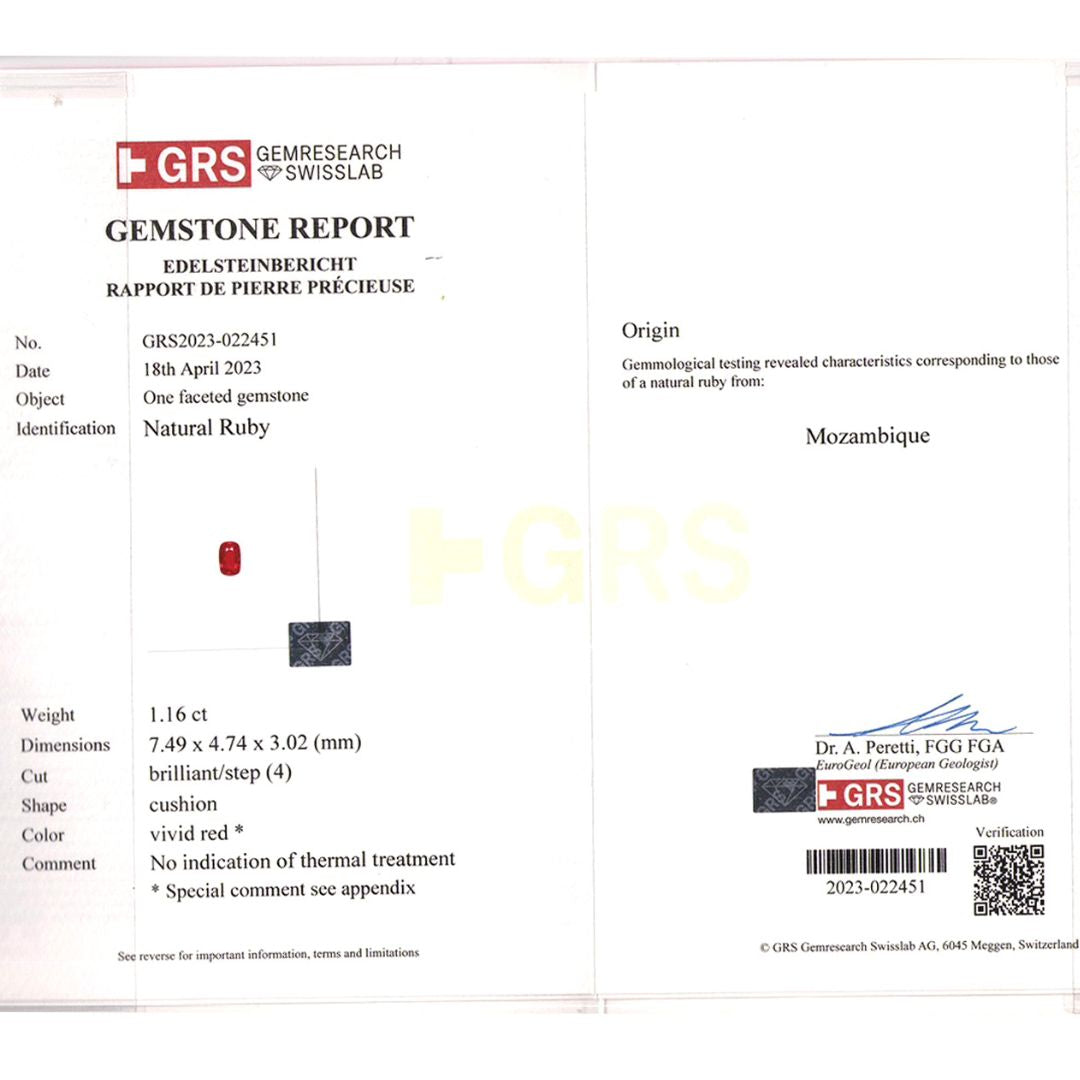 Vivid Red Cushion Cut Ruby Gemstone Certificate | Saratti