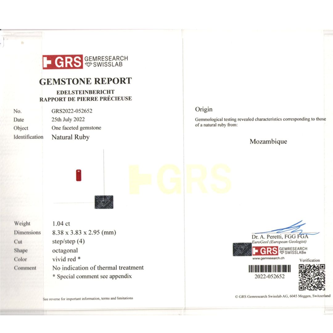 Vivid Red Octagonal Cut Ruby Gemstone Certificate | Saratti