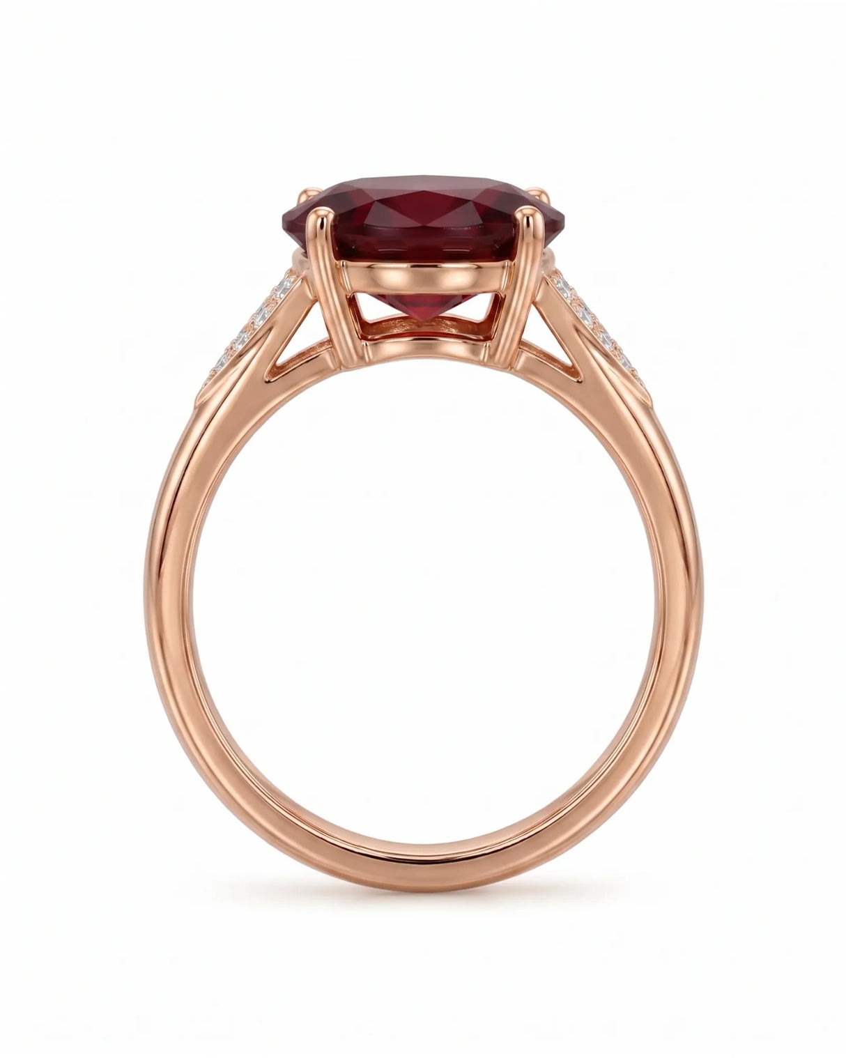 Vivid deep red oval garnet ring with natural diamond accents in 18K rose gold | SARATTI