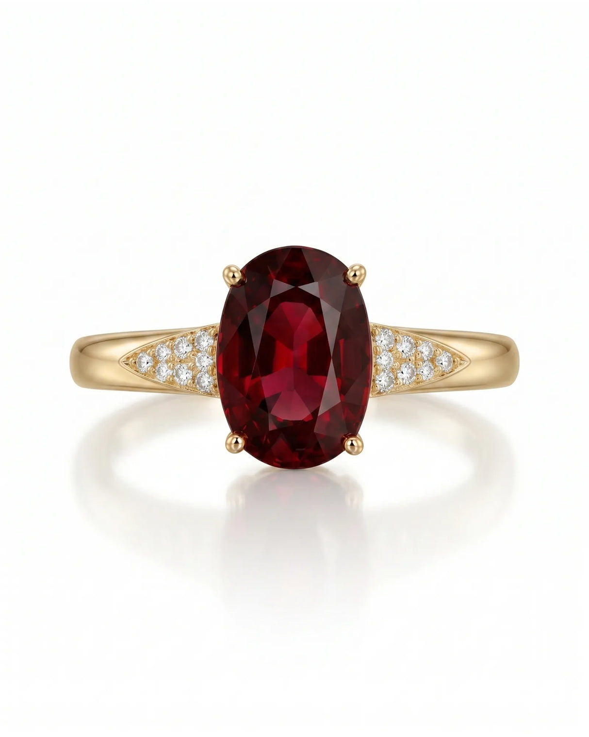 Vivid deep red oval garnet ring with natural diamond accents in 18K yellow gold | SARATTI