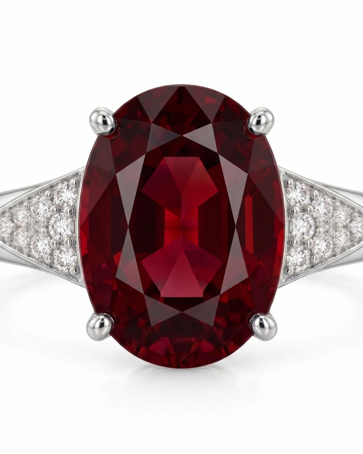 Vivid deep red oval garnet ring with natural diamond accents in platinum | SARATTI