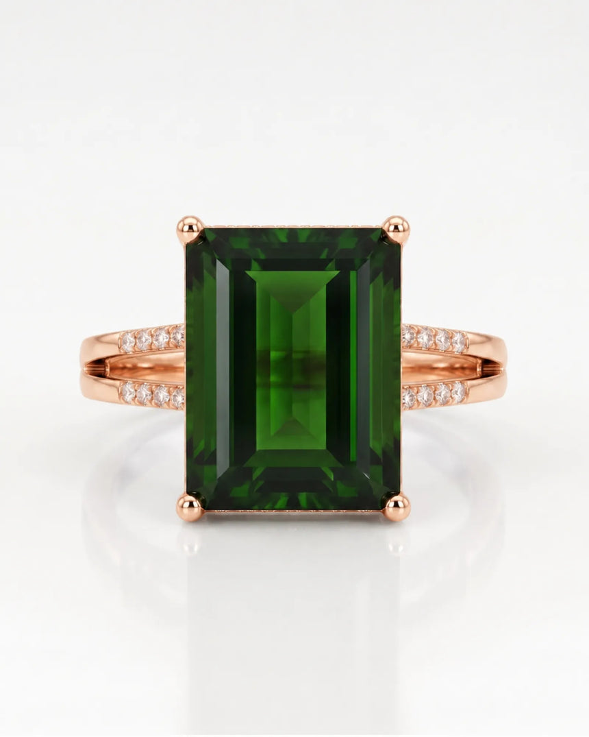 Vivid green emerald cut tourmaline ring with natural diamonds in 18K rose gold | SARATTI