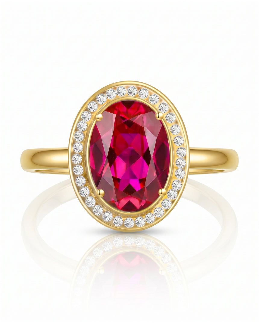 Vivid pink tourmaline ring with round diamond halo in 18K Yellow Gold | SARATTI