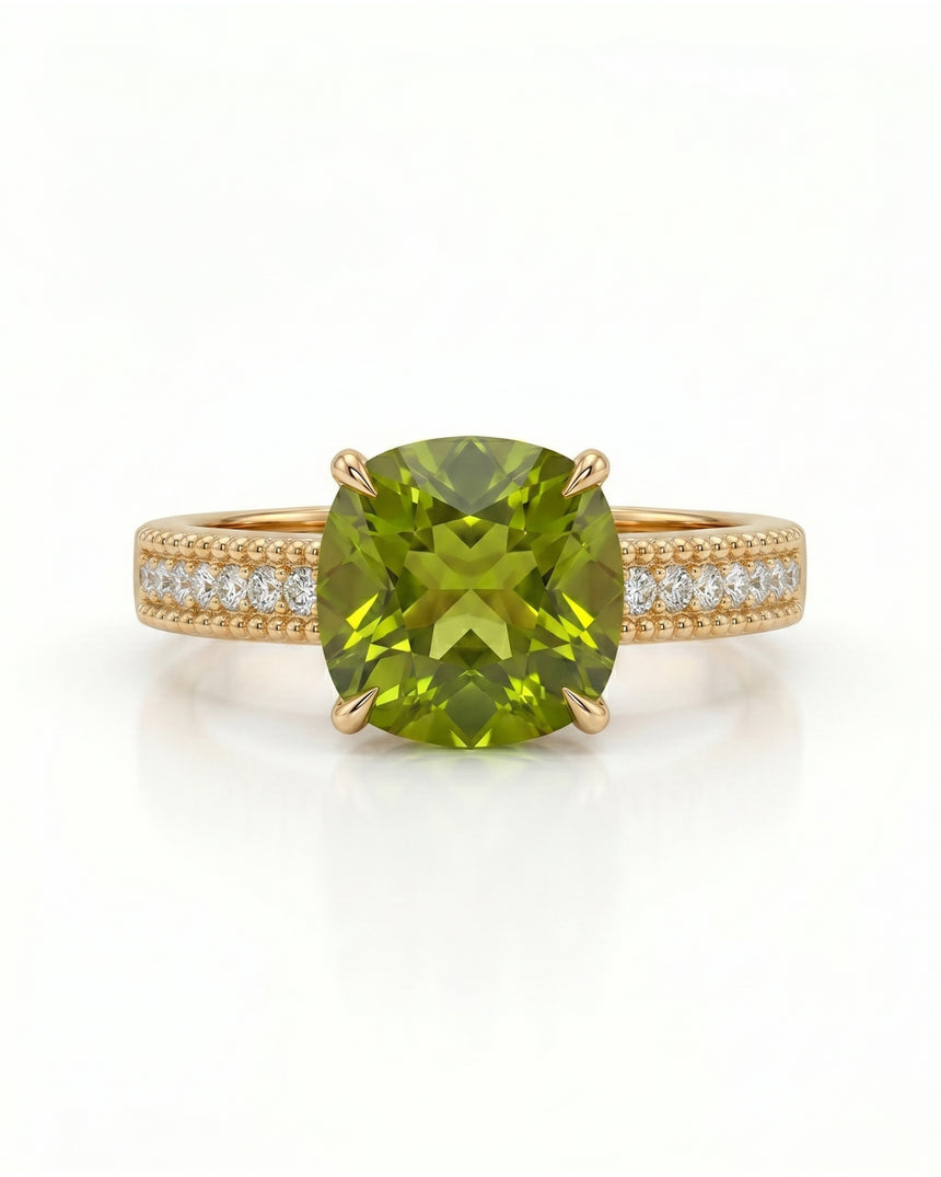 Vivid yellow-green tourmaline ring with natural diamond accents in 18K Yellow Gold | SARATTI