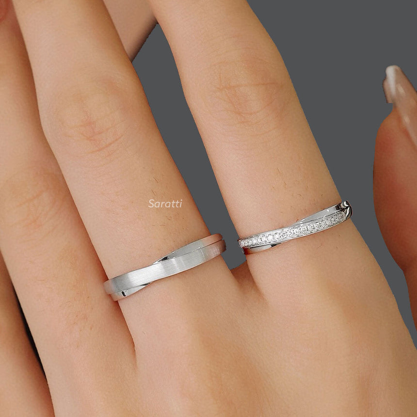 Model wears the 18K White Gold Classic Diamond Half Eternity Band Pair | Saratti
