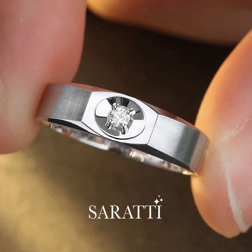 Model Holds the White Gold Prong Set Art Deco Dome Diamond Ring for Men | Saratti