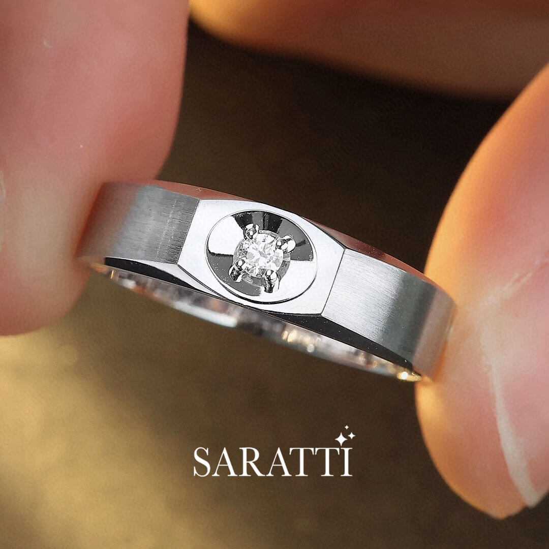 Model Holds the White Gold Prong Set Art Deco Dome Diamond Ring for Men | Saratti 