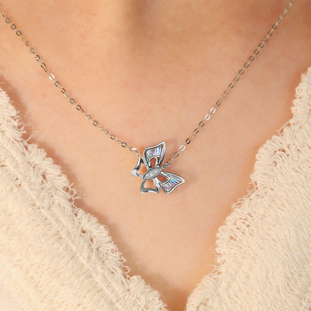 Model Wearing 18K White Gold Natural Diamond Butterfly Necklace | Saratti