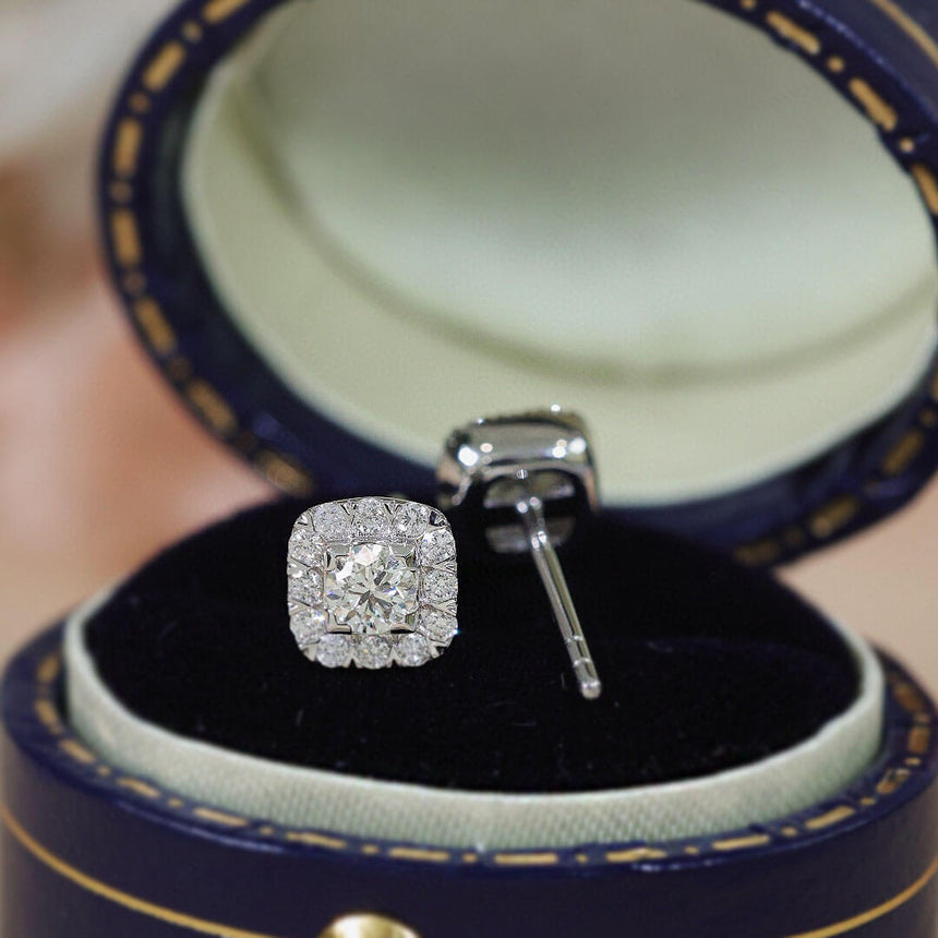 Pave Set Halo Tiny Diamond Stud Earrings in Ring Box Side by Side | Saratti | Custom High and Fine Jewelry