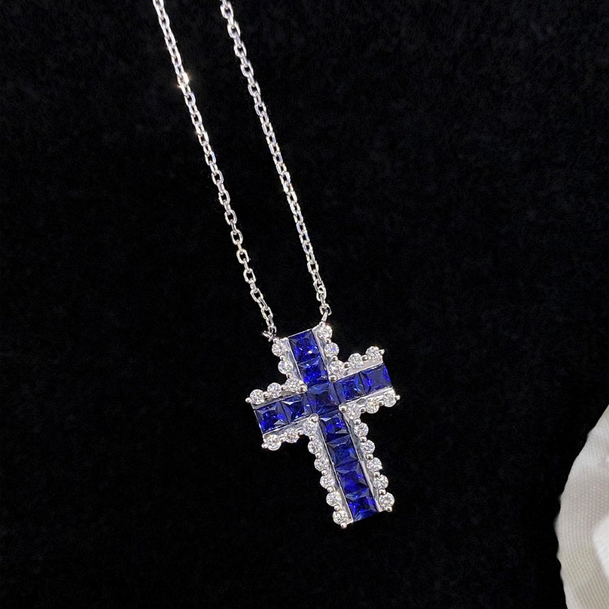 White Gold Cross Necklace with Sapphire and Diamonds  | Saratti