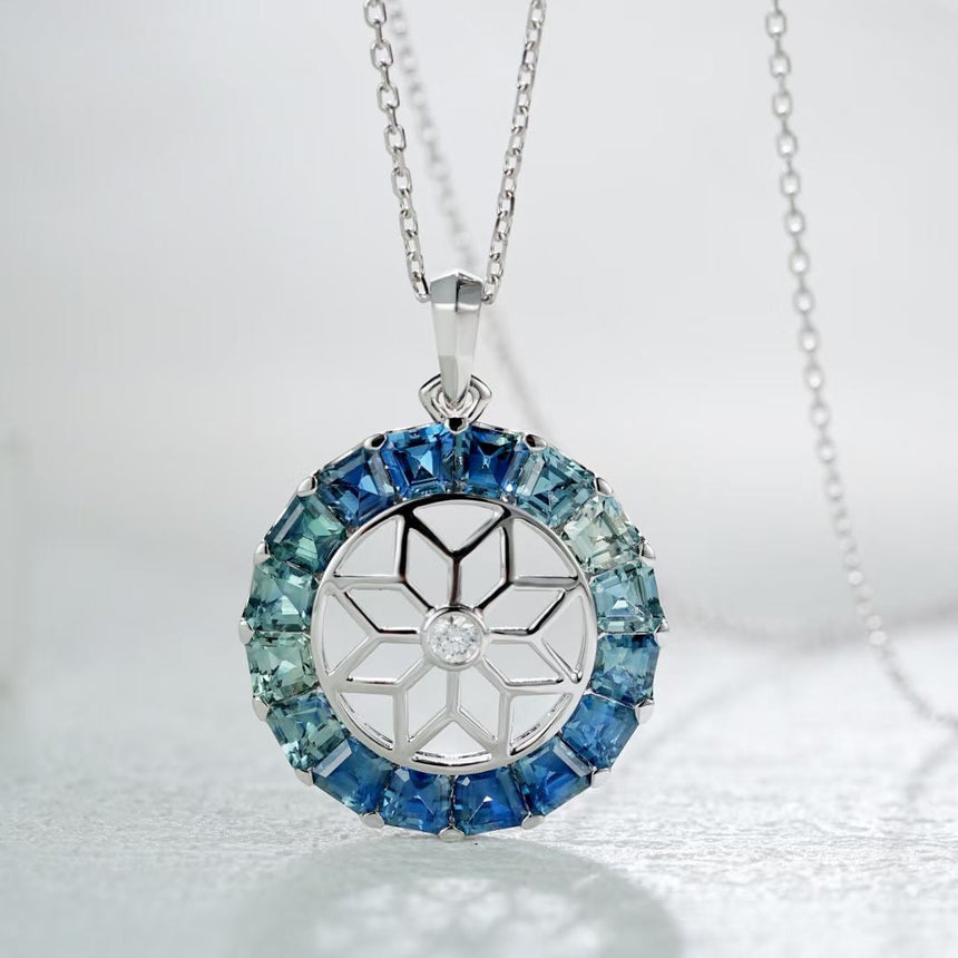 White Gold Pendant Necklace with Emerald Cut Blue Sapphire | Saratti