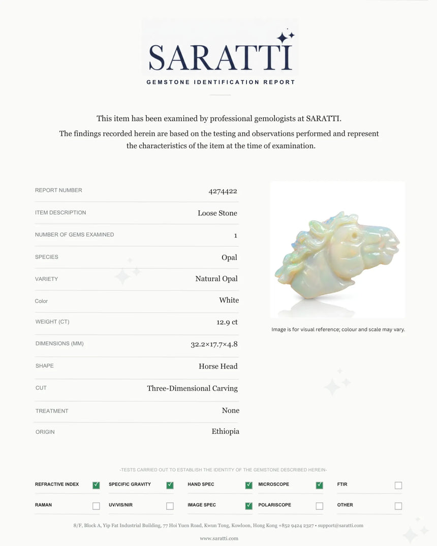 White Opal horse-head carving measuring 32.2 × 17.7 × 4.8 mm | SARATTI