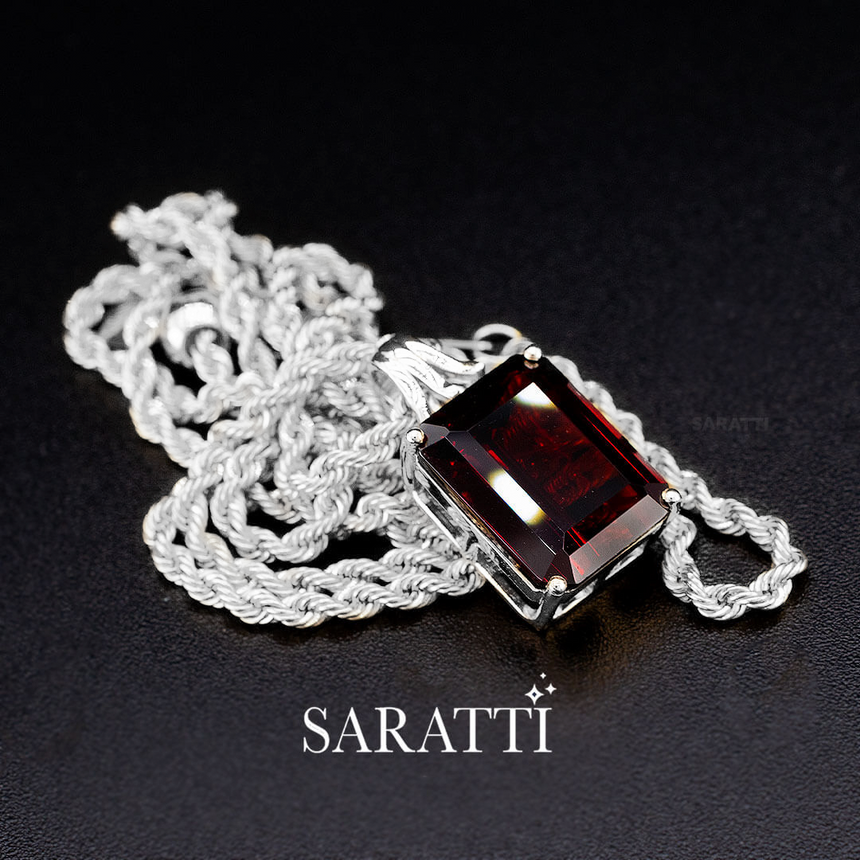 White Gold Natural Garnet Necklace - Crimson Knight Garnet Necklace - SARATTI
