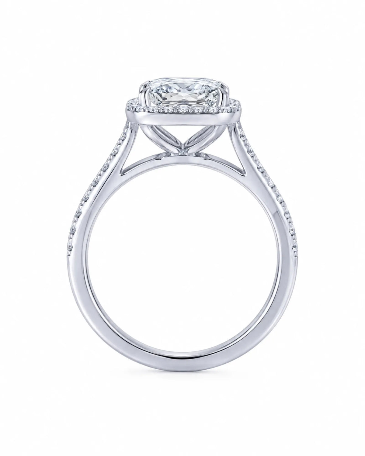 White gold halo moissanite engagement ring created for a refined modern proposal | SARATTI