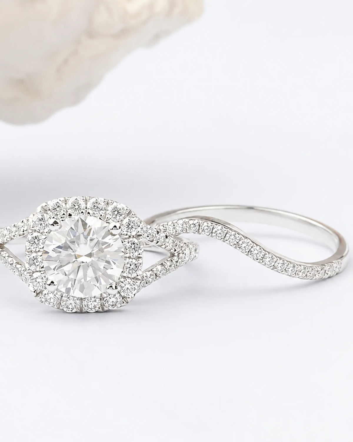 White gold moissanite bridal set designed for a radiant and elegant engagement and wedding pairing | SARATTI