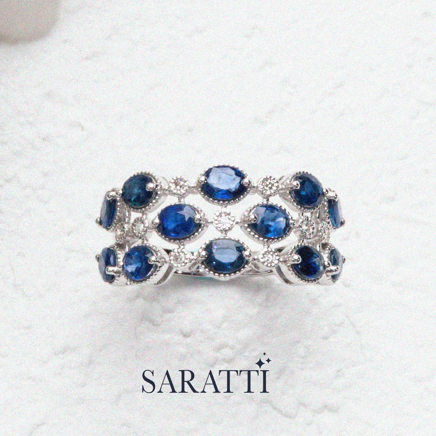 White gold sapphire diamond woven band ring close up | SARATTI