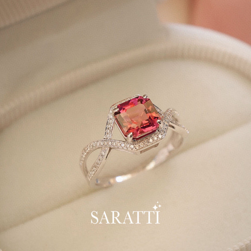 Diamond Halo in Focus | Asscher Rose Vintage Pink Tourmaline Ring | Saratti Fine Jewelry