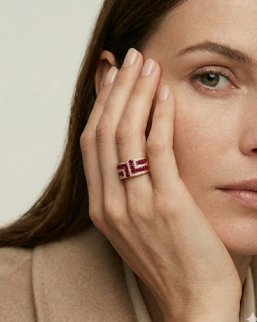 Wide band natural ruby ring with diamond accents in 18K rose gold high jewelry style | SARATTI