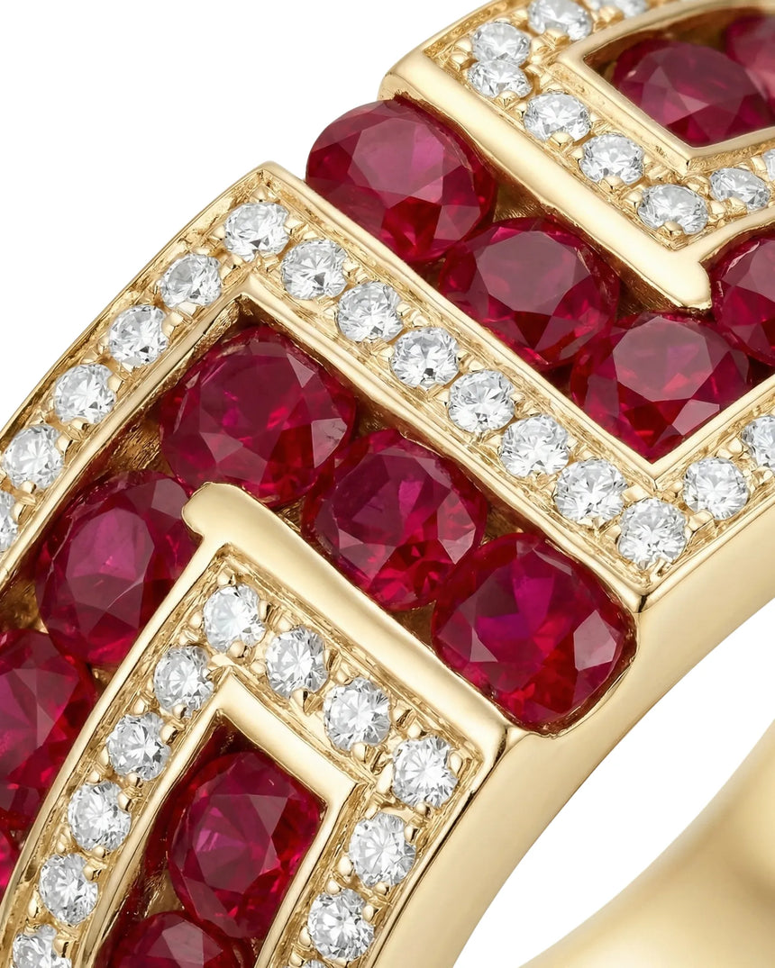 Wide band natural ruby ring with diamond accents in 18K yellow gold high jewelry style | SARATTI