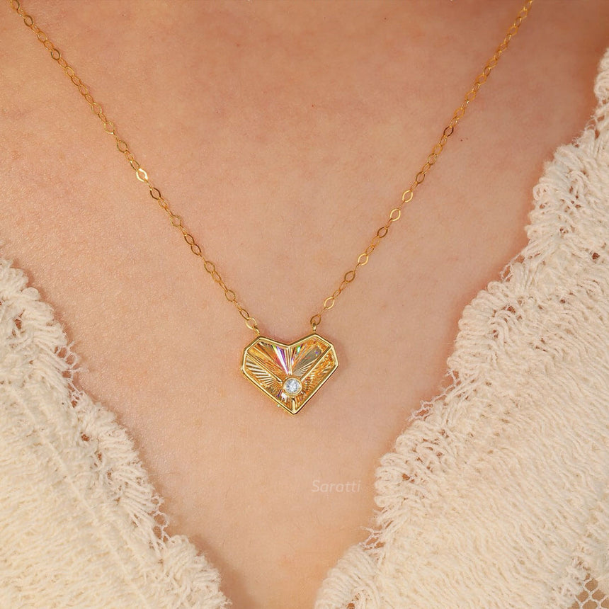 Model Wearing 18 K Yellow Gold Heart Bezel Set Diamond Necklace | Saratti