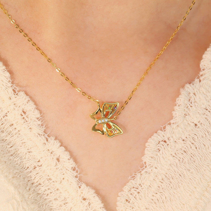 Model Wearing 18K Yellow Gold Natural Diamond Butterfly Necklace | Saratti