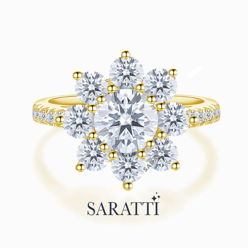 Halo perspective of the Yellow Gold White Gold Fleur Diamantée Natural Diamond Engagement Ring | Saratti Diamonds