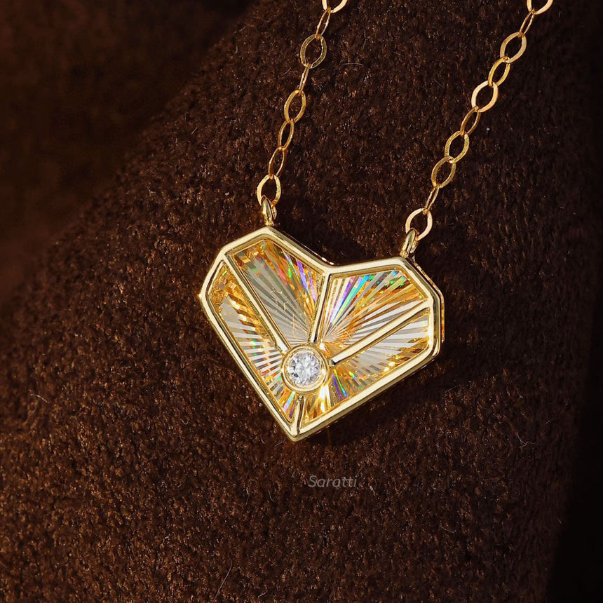 Model Wearing 18 K Yellow Gold Heart Bezel Set Diamond Necklace | Saratti