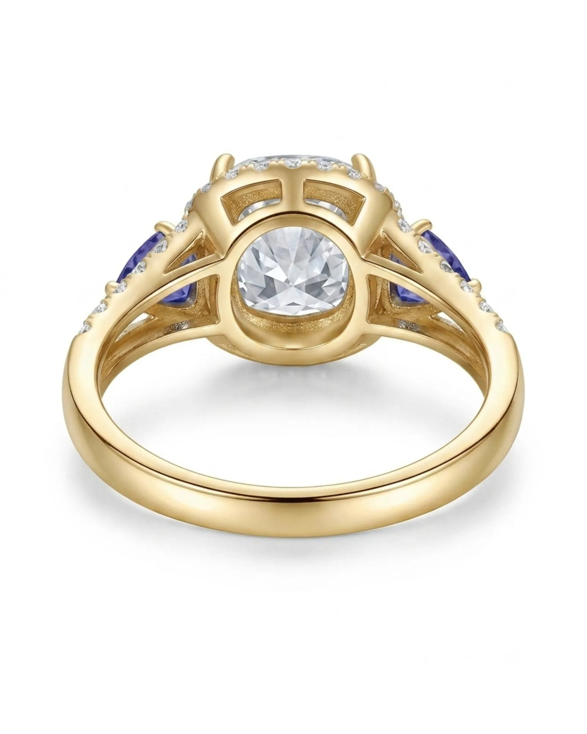 Yellow gold cushion moissanite and tanzanite ring for meaningful proposal moments | SARATTI