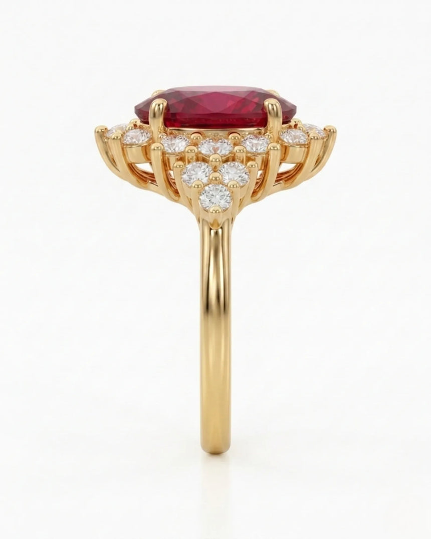 Yellow gold tourmaline ring with floral diamond halo and vivid reddish pink center stone | SARATTI