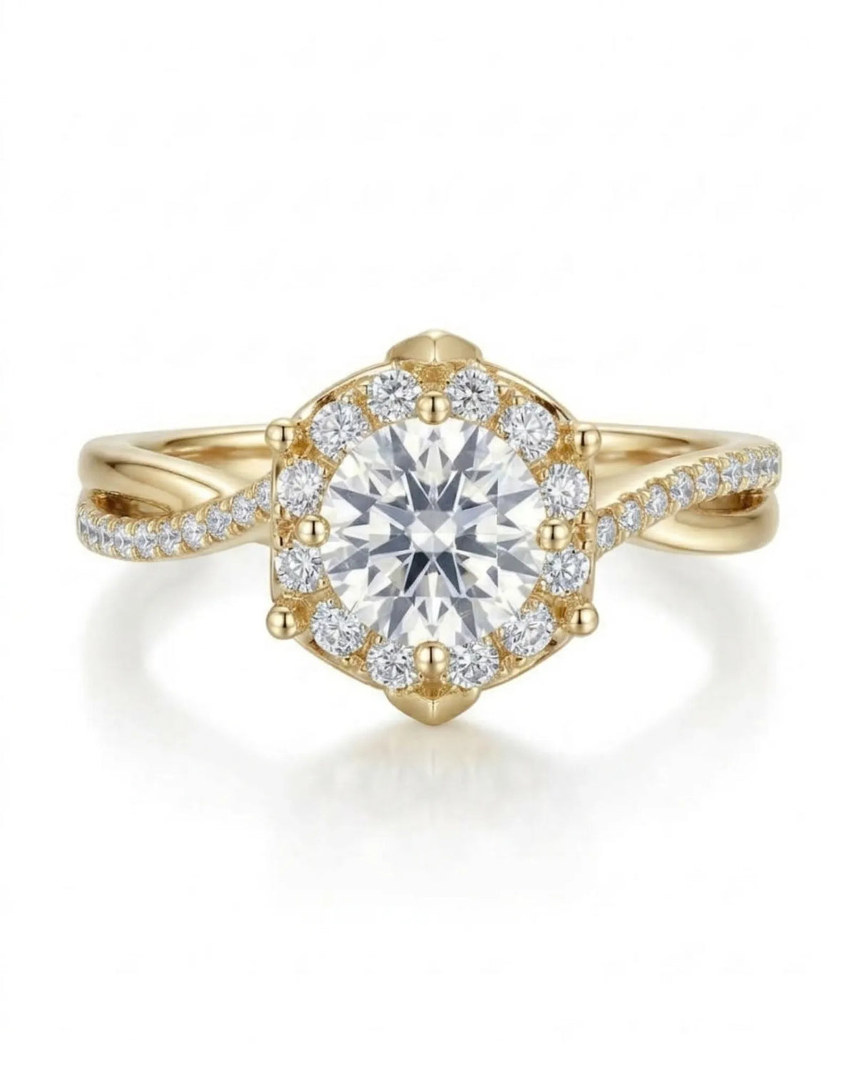 Yuma The Whispering Dawn natural diamond engagement ring worn on hand with split pavé shoulders in 18K yellow gold | SARATTI