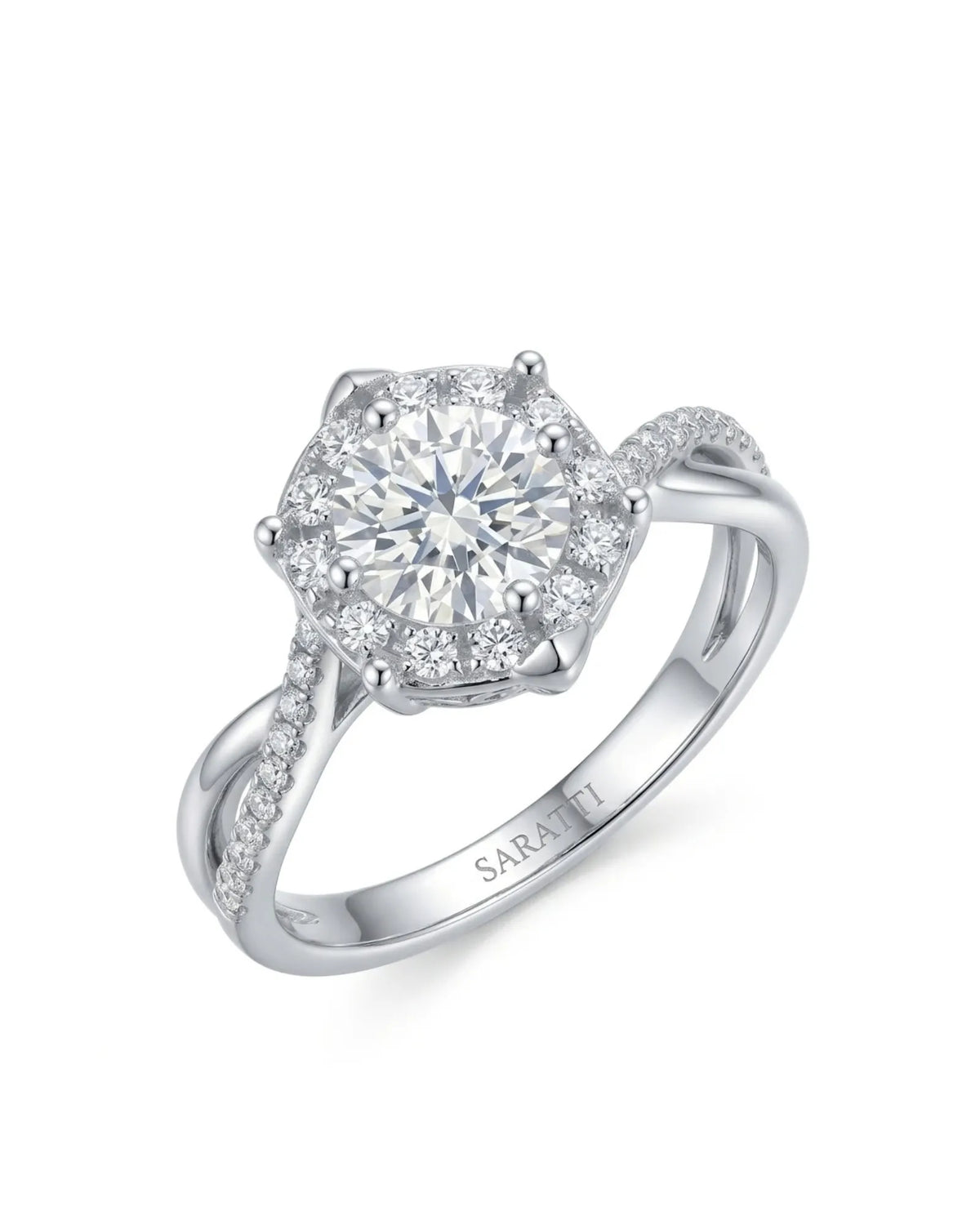 Yuma The Whispering Dawn natural round diamond halo engagement ring 45-degree view in Platinum | SARATTI